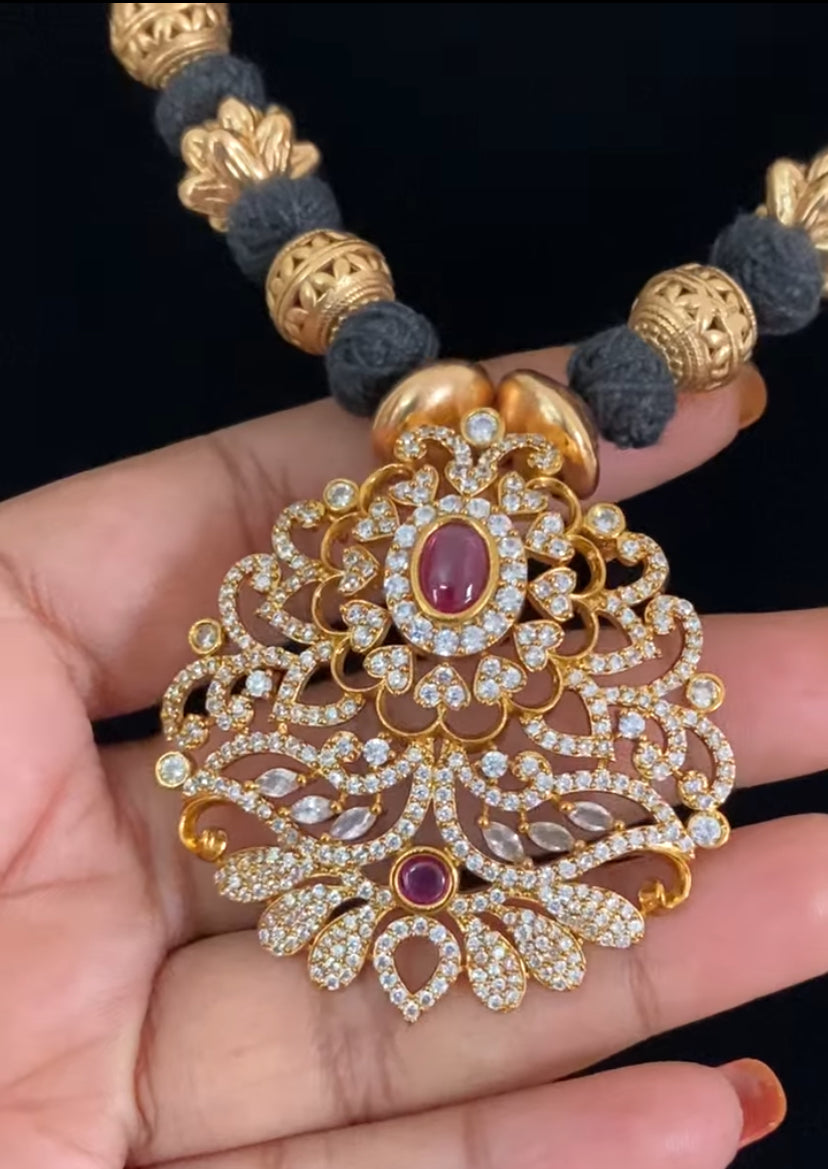 CZ Pendant Antique Thread Necklace Set | Traditional Indian Jewelry