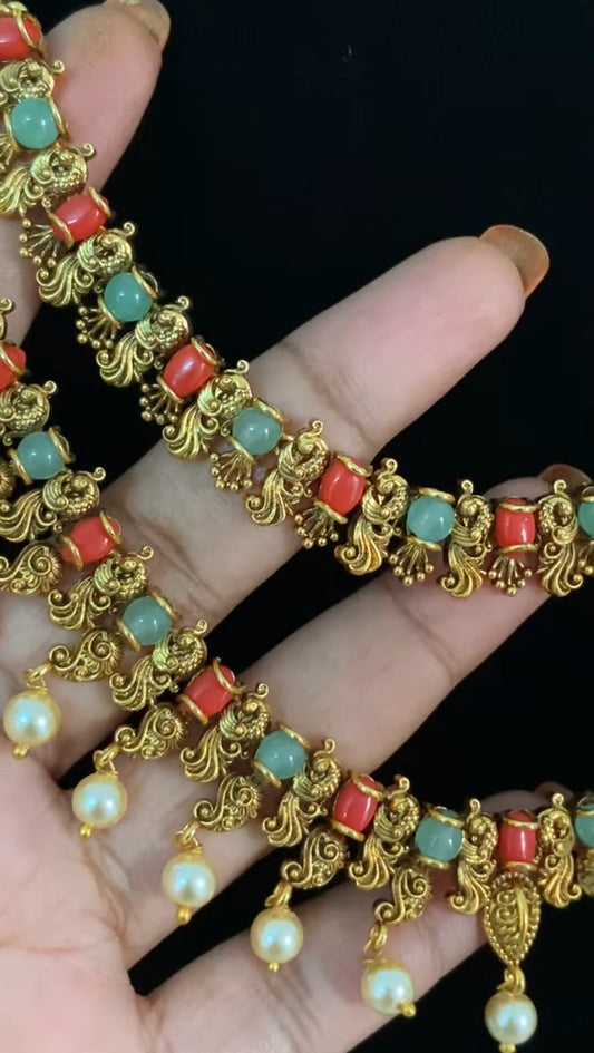 Antique Coral Doubel Layer Necklace With Jumkis | Indian Jewelry In USA