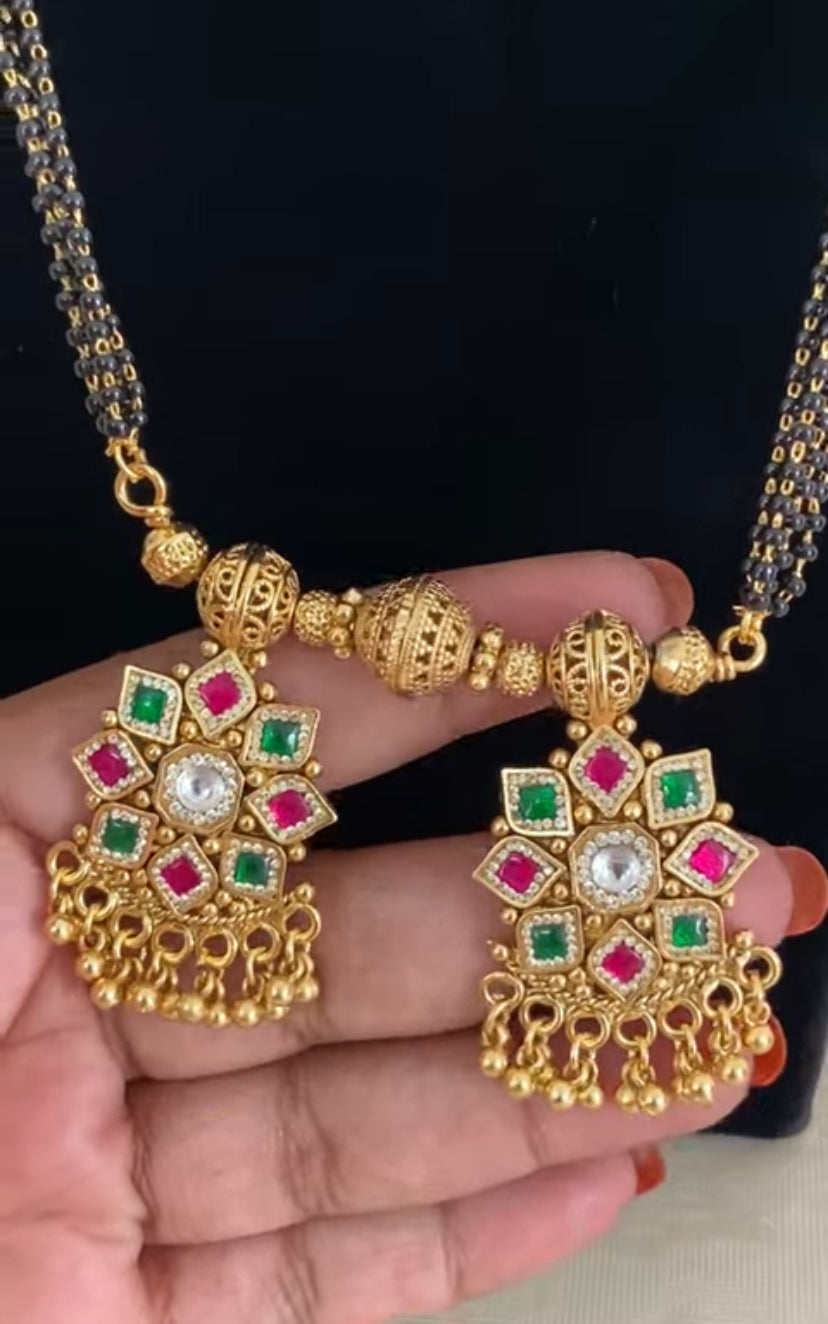 Antique Ruby Green Long Mangalasutra | Black Beads Necklace