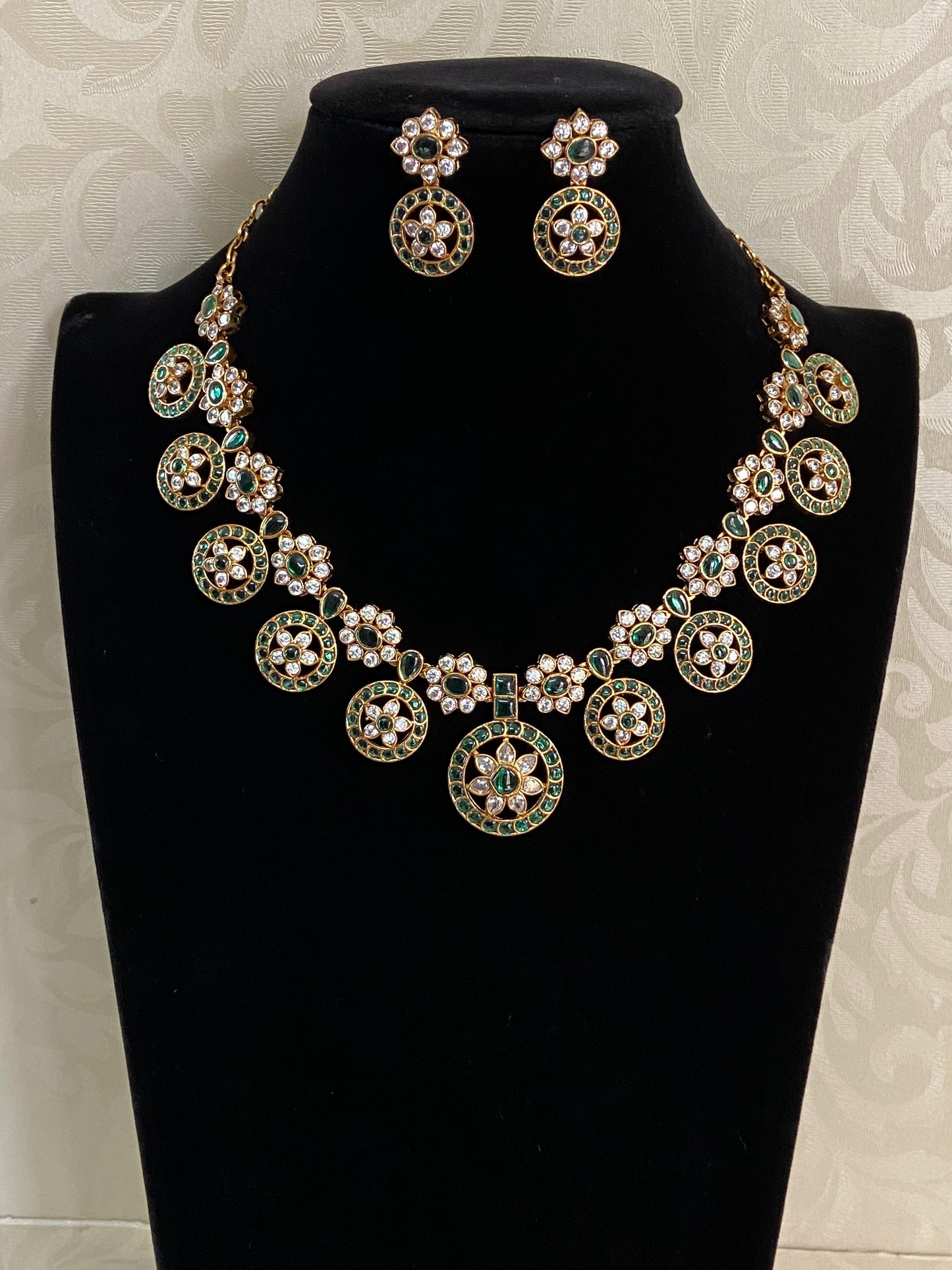 CZ Kemp Antique Necklace With Earrings | Indian Traditional Bottu Necklace