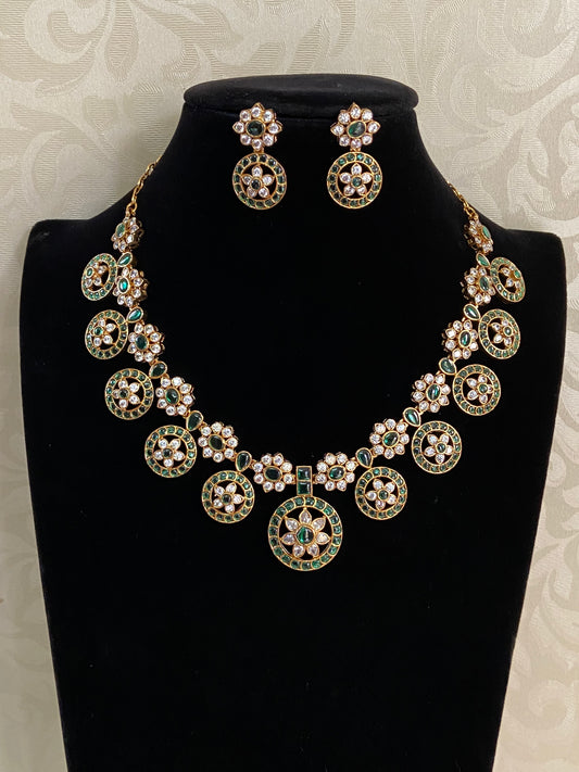 CZ Kemp Antique Necklace With Earrings | Indian Traditional Bottu Necklace