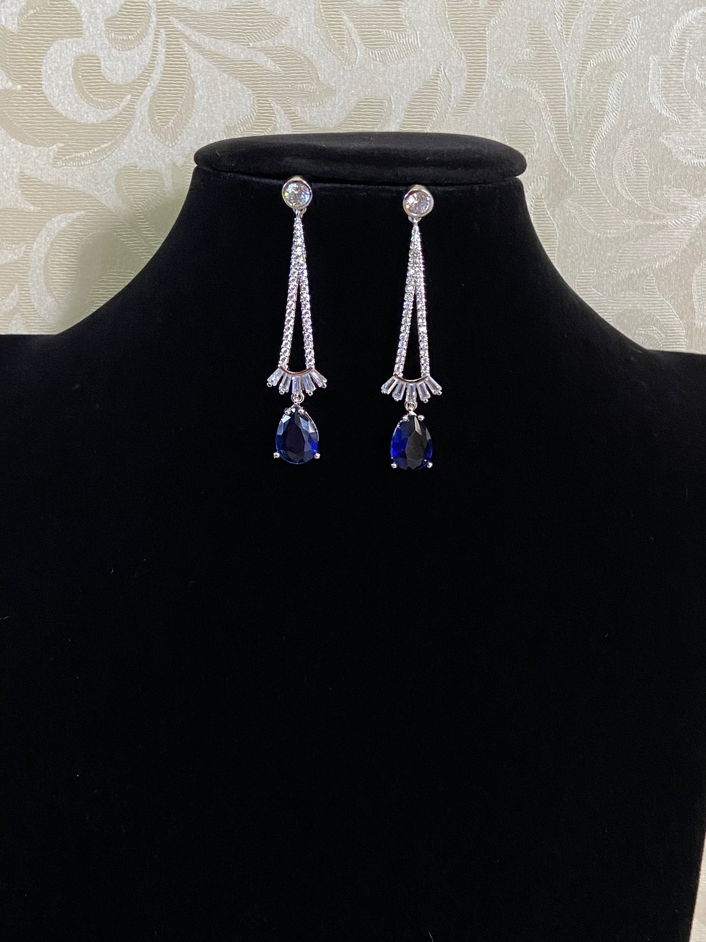 CZ Blue Sapphire Earrings | Rhodium Earrings