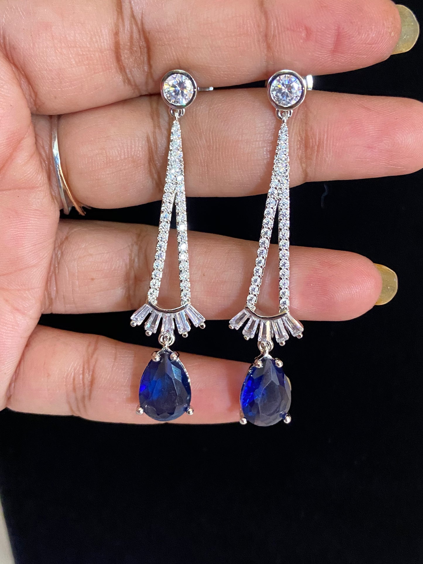 CZ Blue Sapphire Earrings | Rhodium Earrings