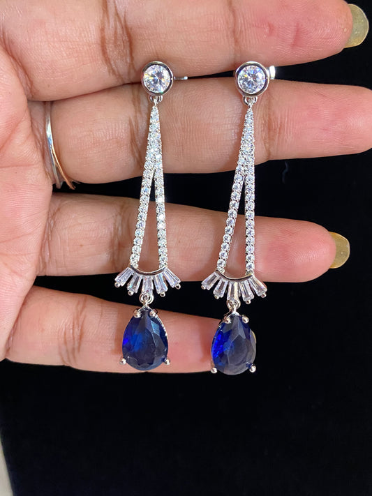 CZ Blue Sapphire Earrings | Rhodium Earrings