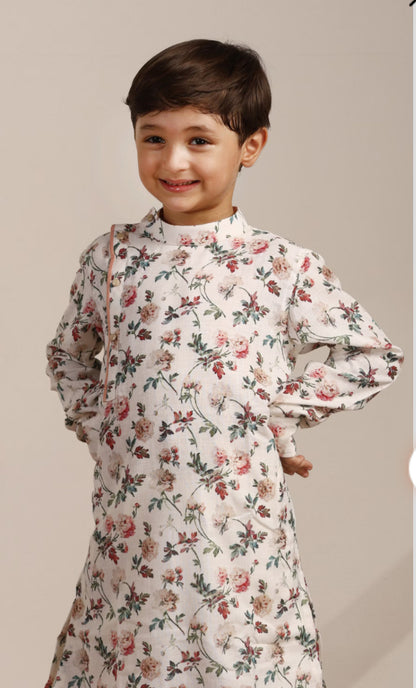Boys Pearl White Floral Printed Angrakha Style Kurta Set