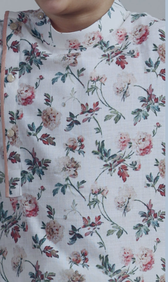 Boys Pearl White Floral Printed Angrakha Style Kurta Set
