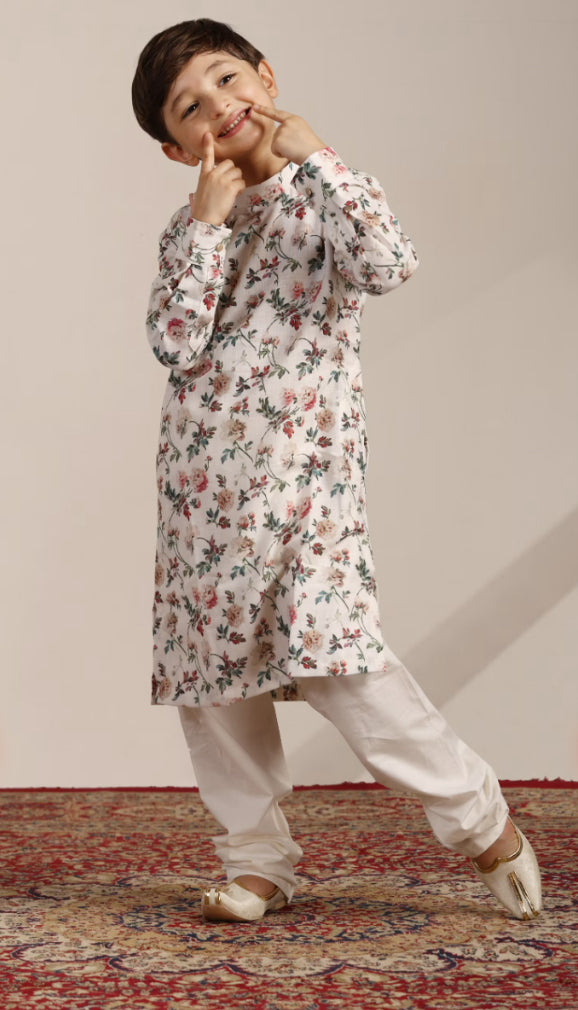 Boys Pearl White Floral Printed Angrakha Style Kurta Set
