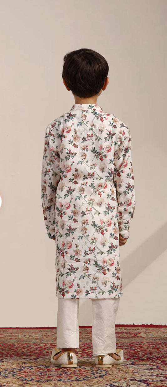Boys Pearl White Floral Printed Angrakha Style Kurta Set