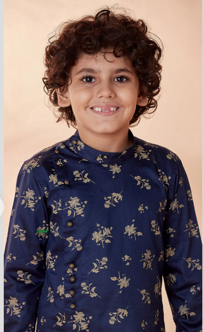 Boys Dark Blue Side Open Kurta Set