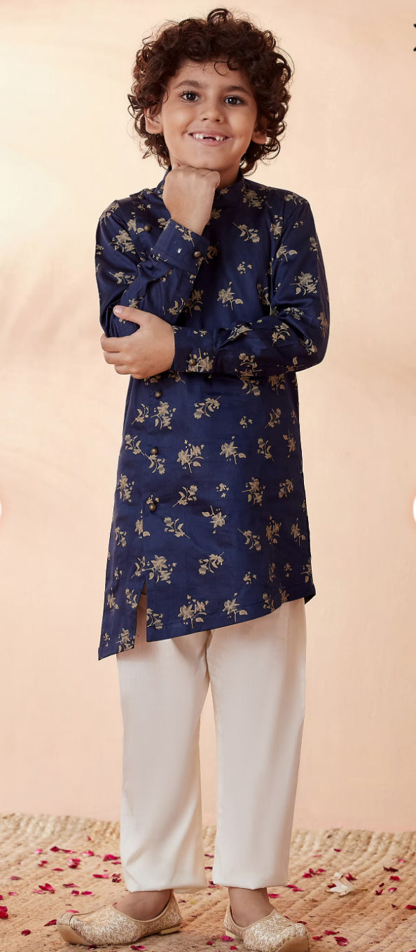 Boys Dark Blue Side Open Kurta Set