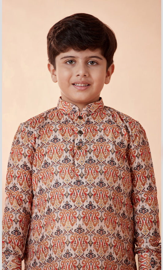 Boys Orange Printed Kurta Set