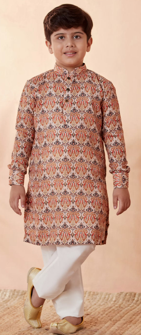 Boys Orange Printed Kurta Set