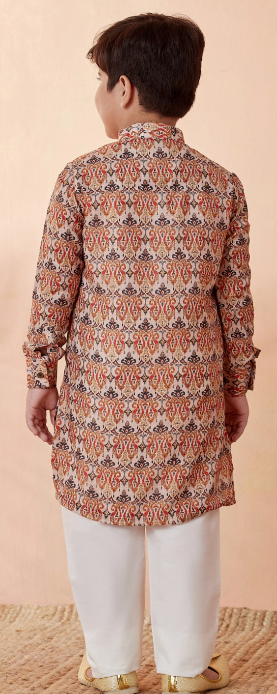 Boys Orange Printed Kurta Set