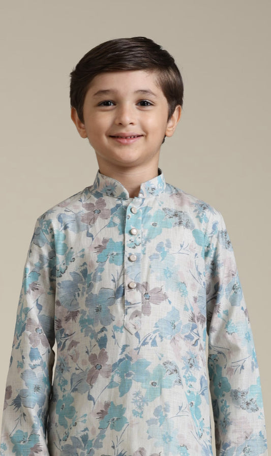 Boys Aqua Green Floral Printed Kurta Set