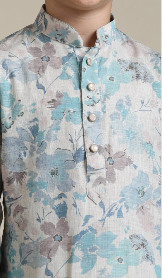 Boys Aqua Green Floral Printed Kurta Set