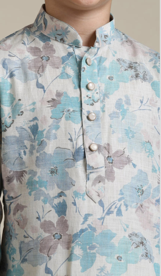 Boys Aqua Green Floral Printed Kurta Set