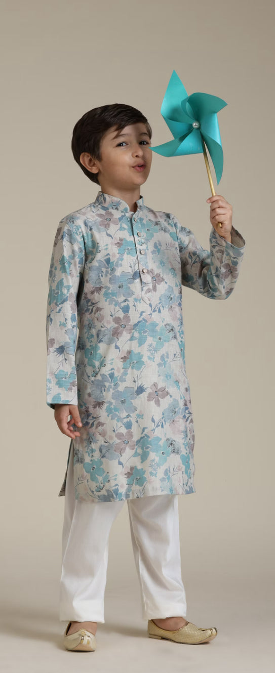 Boys Aqua Green Floral Printed Kurta Set