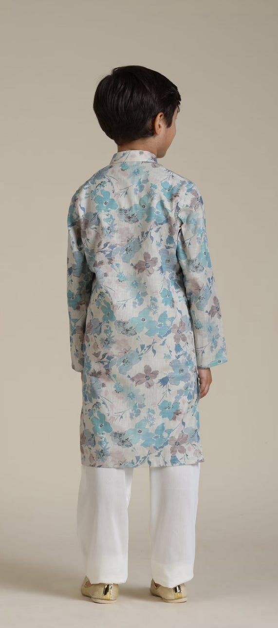 Boys Aqua Green Floral Printed Kurta Set