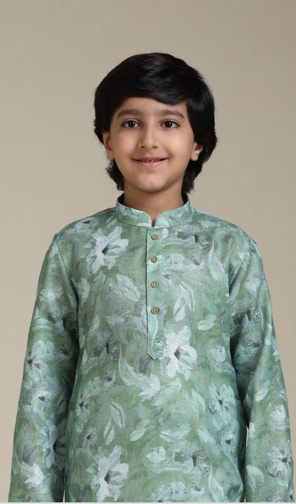 Boys Soft Green Floral Printed Kurta Set