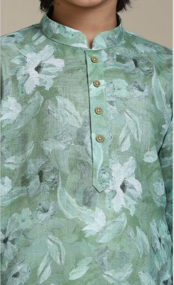 Boys Soft Green Floral Printed Kurta Set