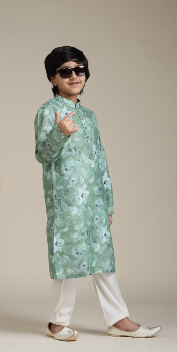 Boys Soft Green Floral Printed Kurta Set
