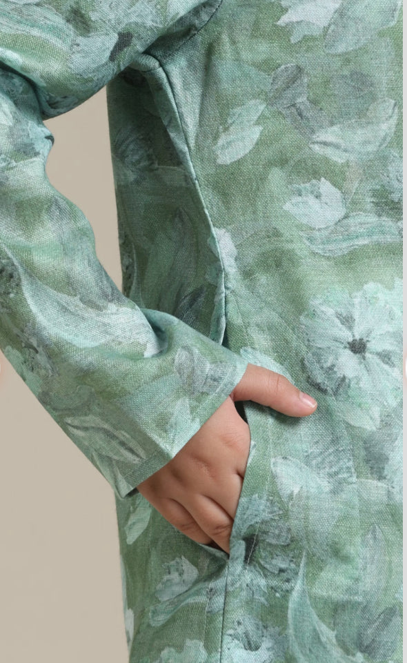 Boys Soft Green Floral Printed Kurta Set