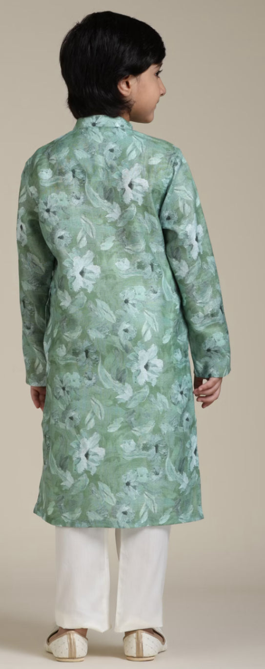 Boys Soft Green Floral Printed Kurta Set