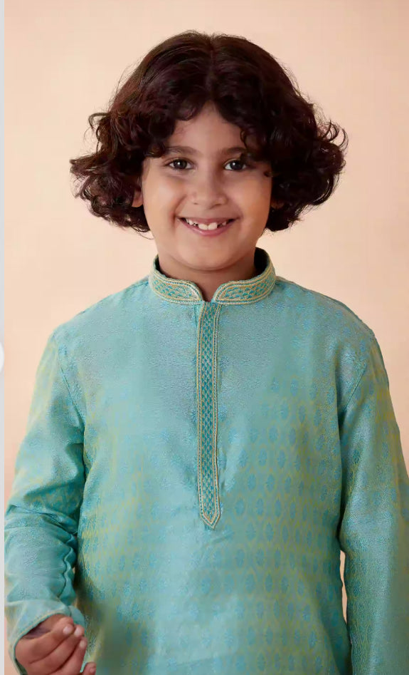 Boys Jade Blue Jacquard Kurta Set