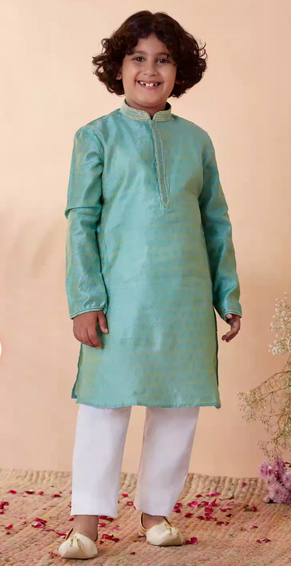 Boys Jade Blue Jacquard Kurta Set
