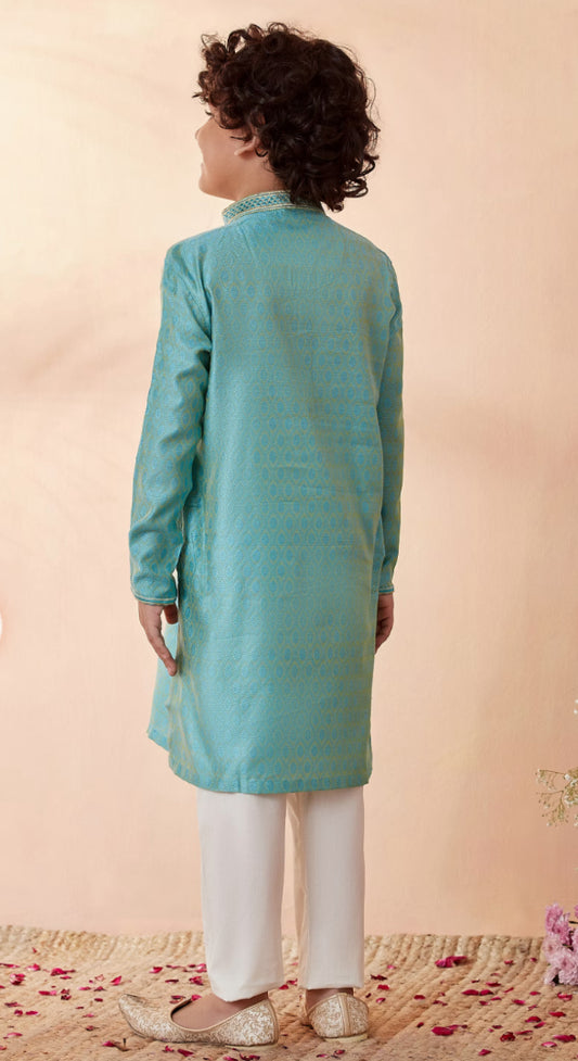 Boys Jade Blue Jacquard Kurta Set