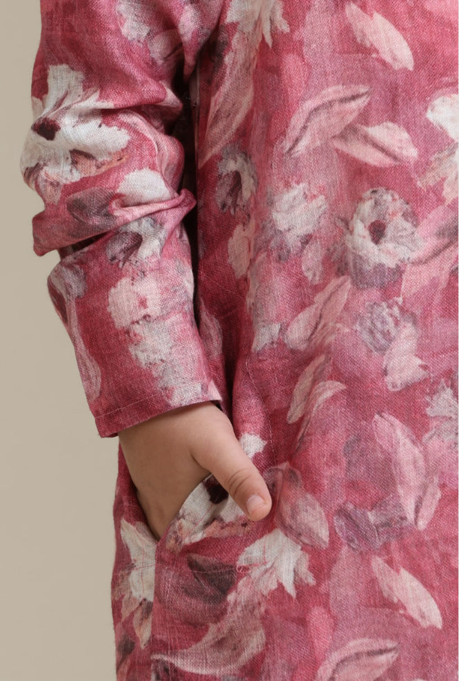 Boys Coral Pink Floral Patterned Kurta Set