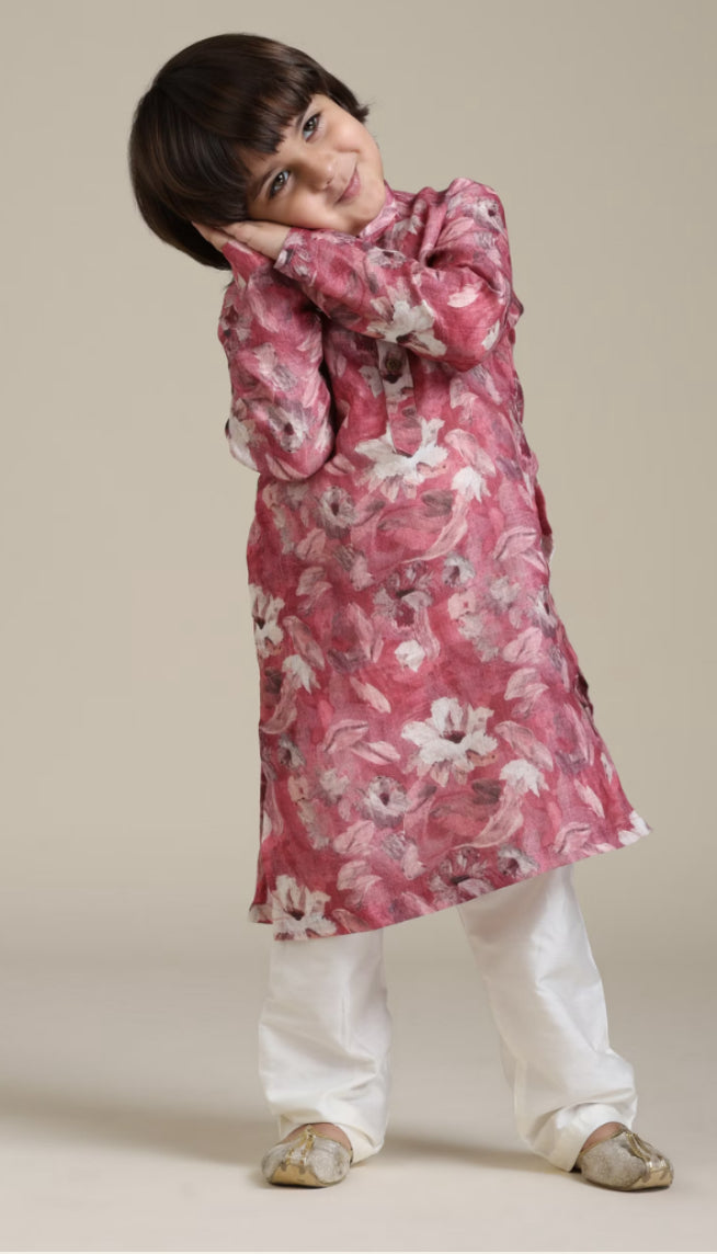 Boys Coral Pink Floral Patterned Kurta Set