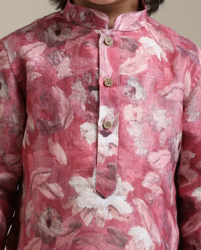 Boys Coral Pink Floral Patterned Kurta Set