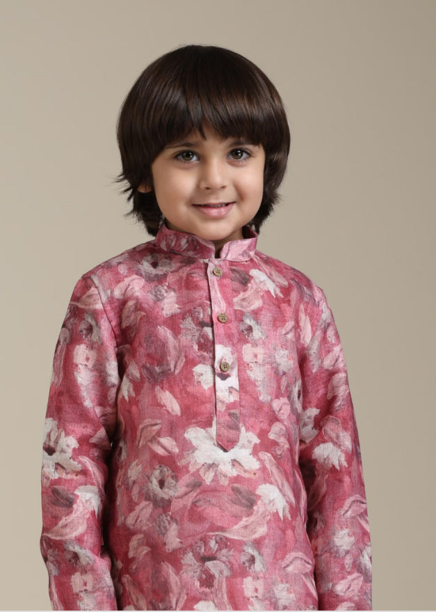 Boys Coral Pink Floral Patterned Kurta Set
