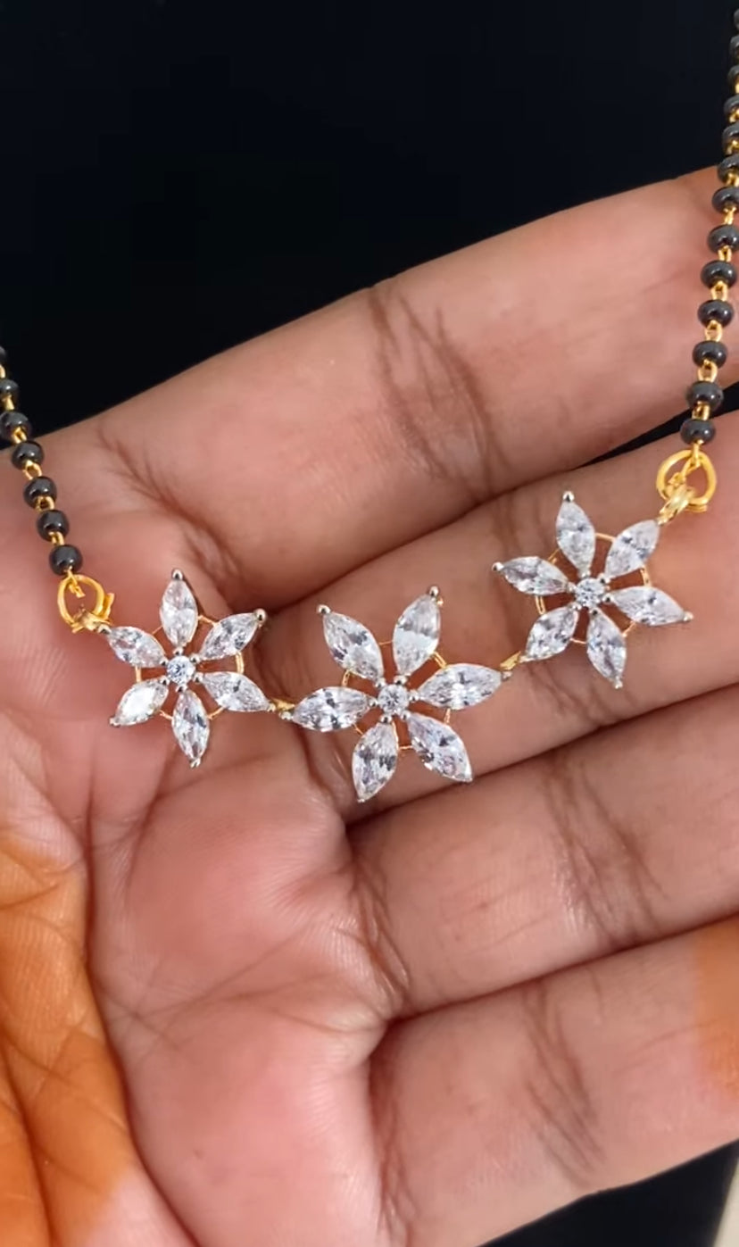 AD Flower Pendant Mangalasutra With Studs | Black Beads Necklace
