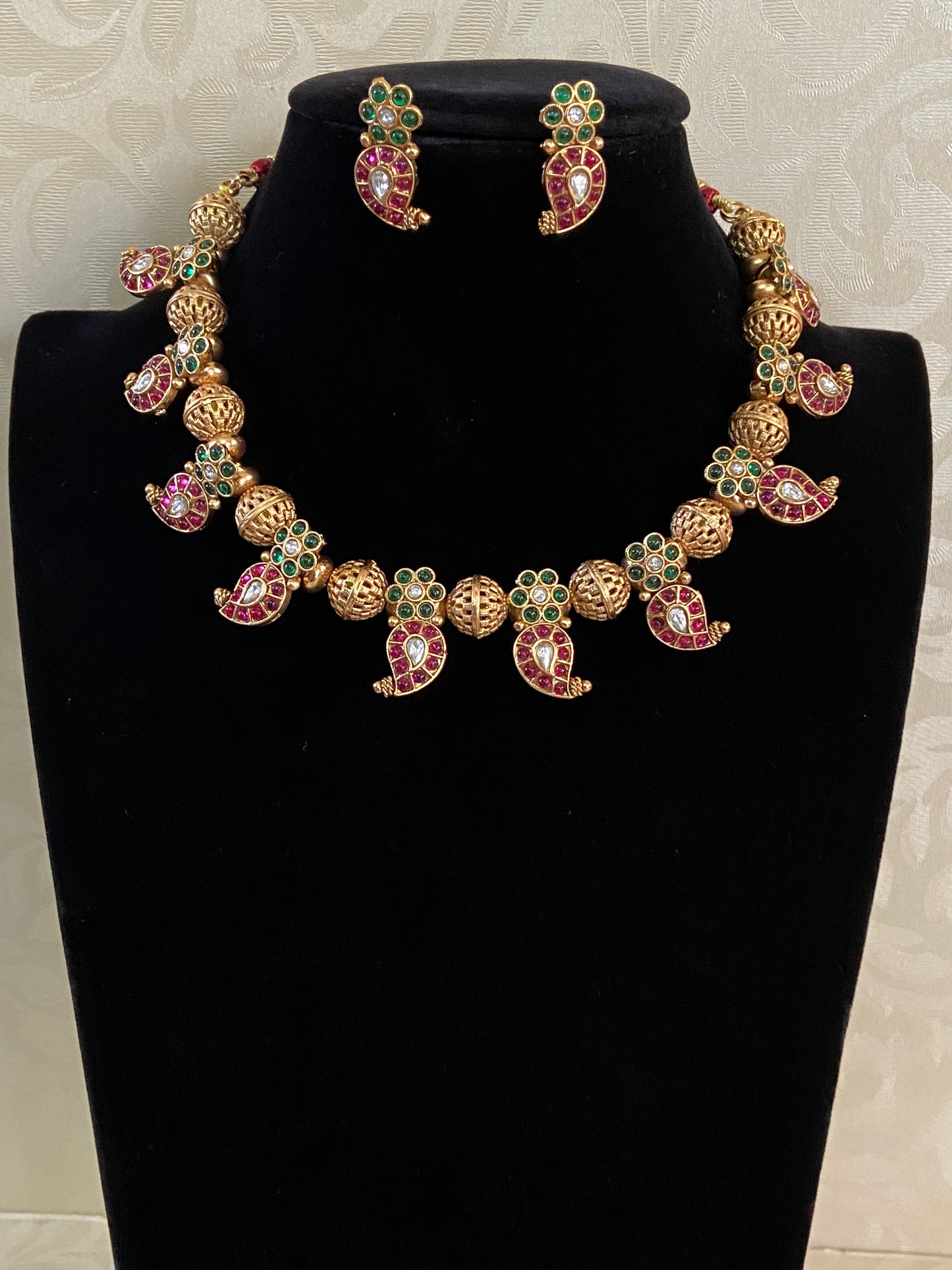 Kemp Mango Pendants Gold Beads Necklace Set | Traditional Indian Jewelry In USA