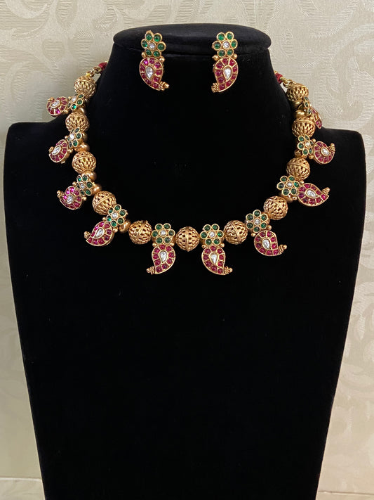 Kemp Mango Pendants Gold Beads Necklace Set | Traditional Indian Jewelry In USA