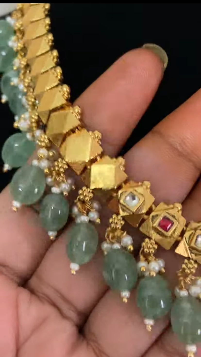Antique Green Beads Kundan Necklace Set | Traditional Indian Jewelry In USA