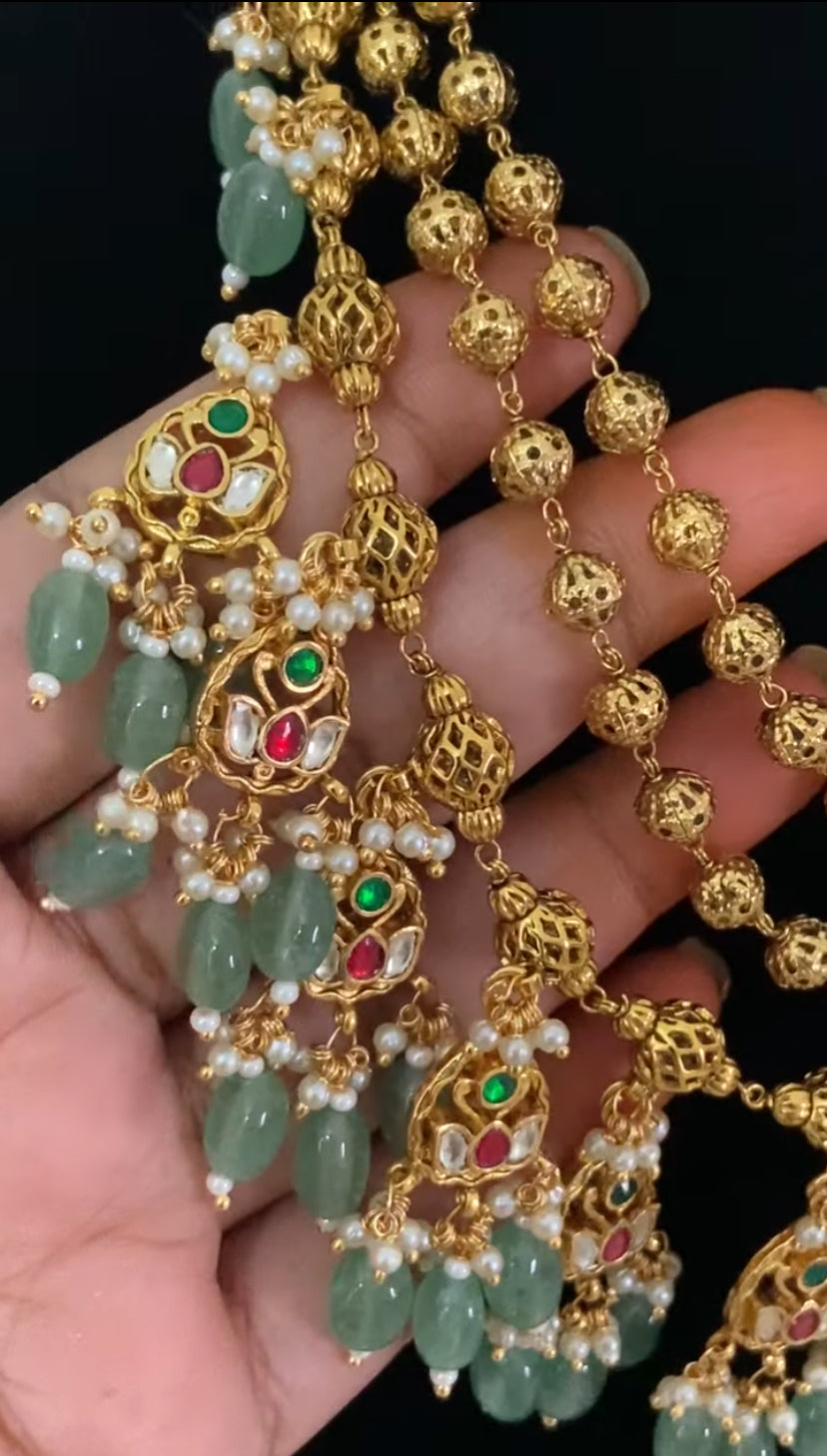 Antique Green Beads Multi-Layer Kundan Necklace Set | Indian Jewelry In nUSA