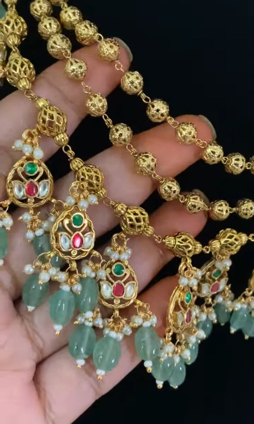 Antique Green Beads Multi-Layer Kundan Necklace Set | Indian Jewelry In nUSA