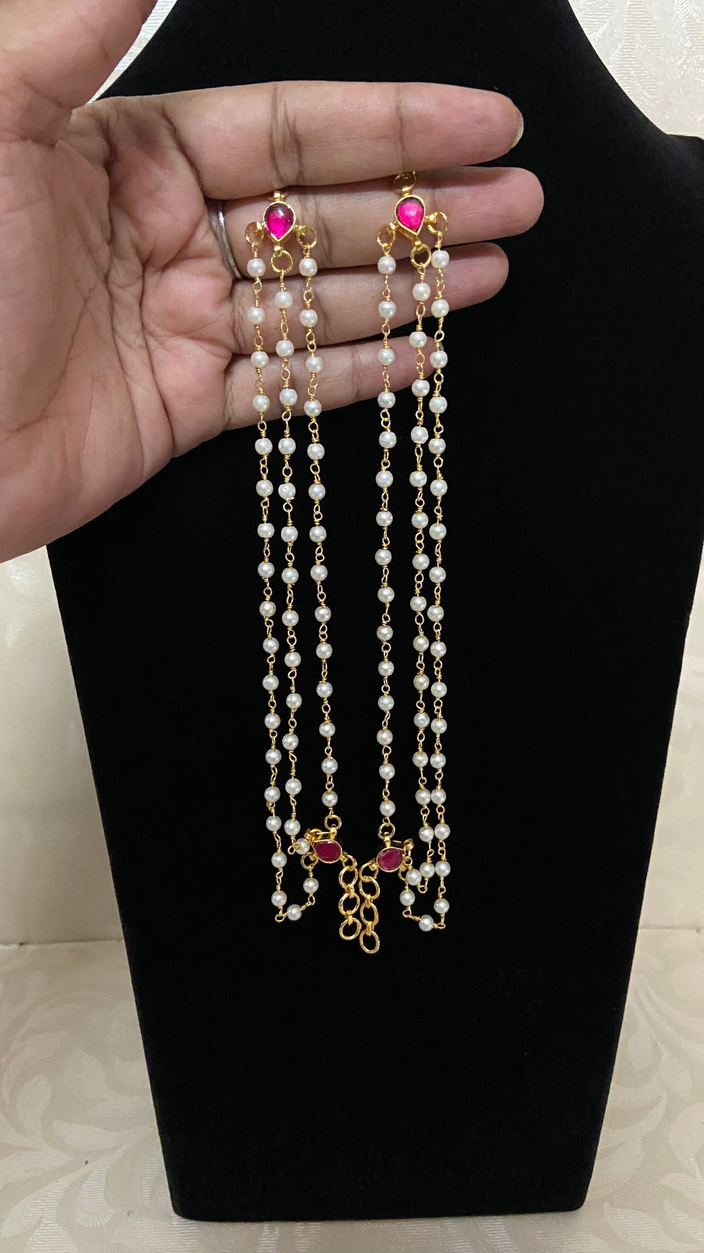 Jadau Kundan Pearl Champaswaralu | Kundan Ear Chains | Hair accessories