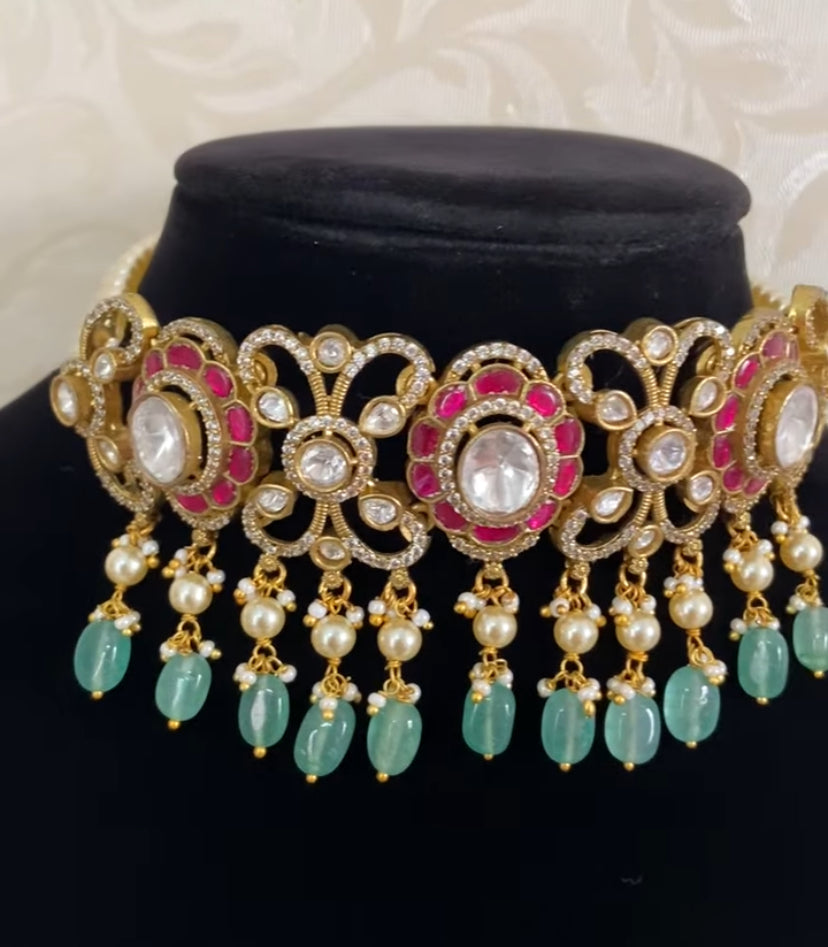 Moissanite & Jadau Fusion Choker With Earrings | Indian Jewelry In USA
