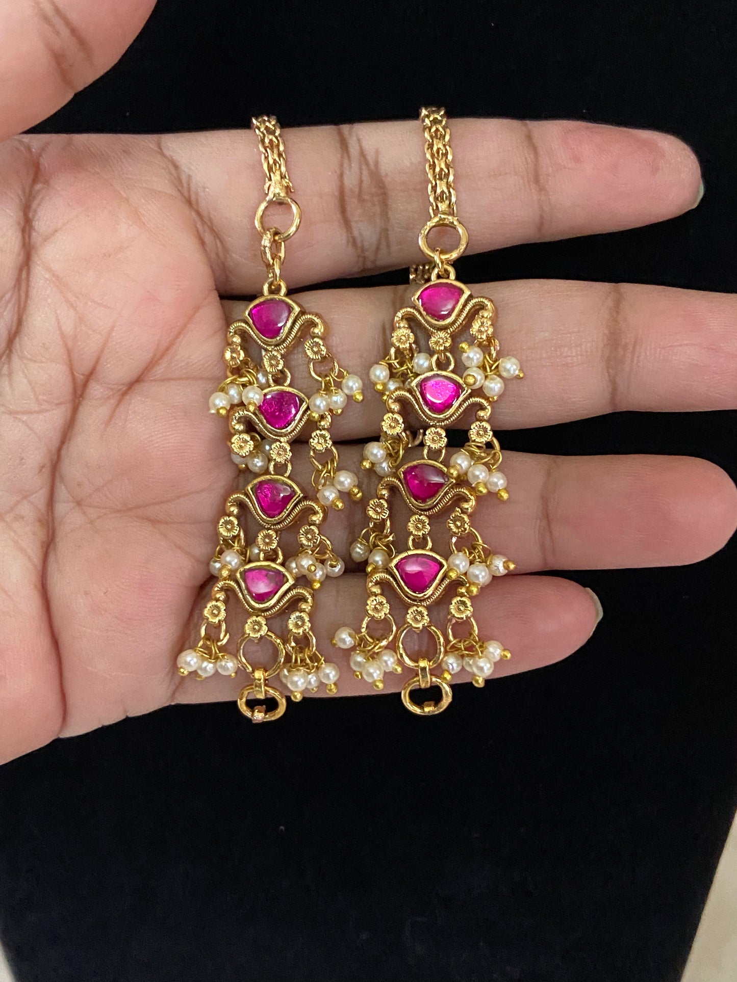 Ruby  Pearl Matilu | Antique Indian Ear Chains