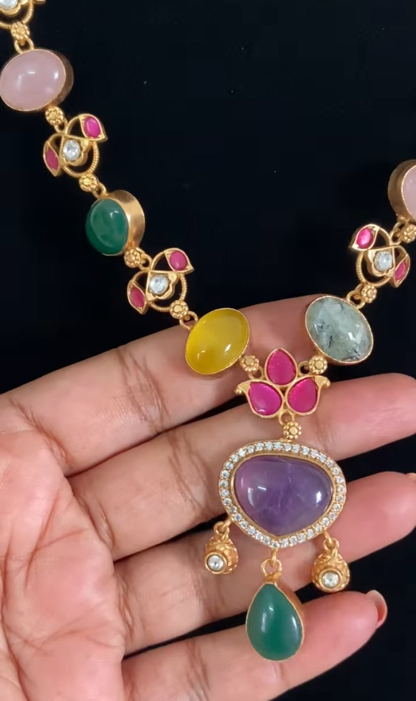 Kundan Fusion Natural Stones Necklace Set | Indian jewelry In USA