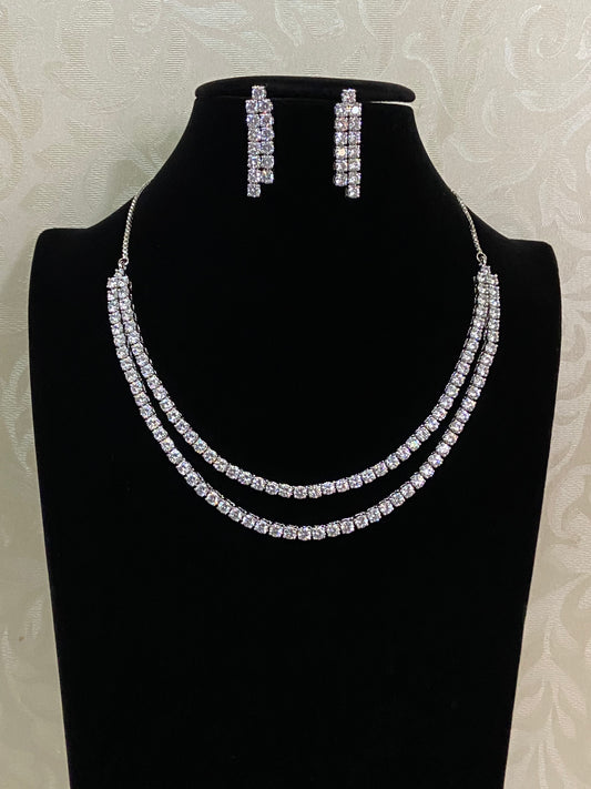 Rhodium AD Double Layer Necklace | AD Indian Necklace