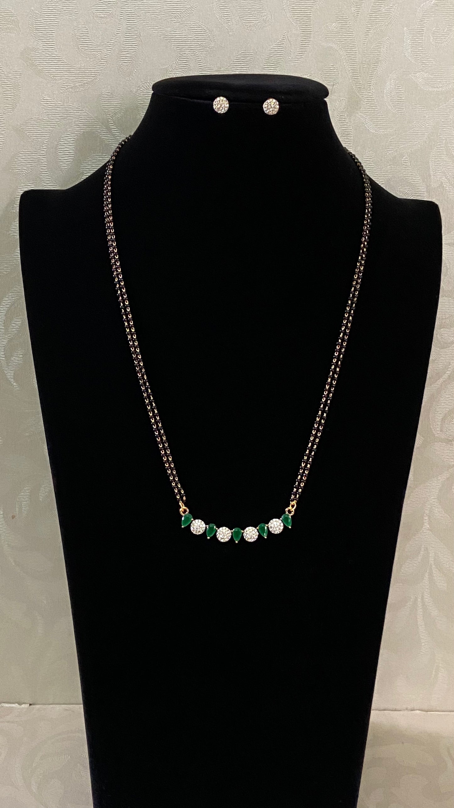 AD Green Pendant BlackBeads Necklace With Studs | Traditional Mangalasutra