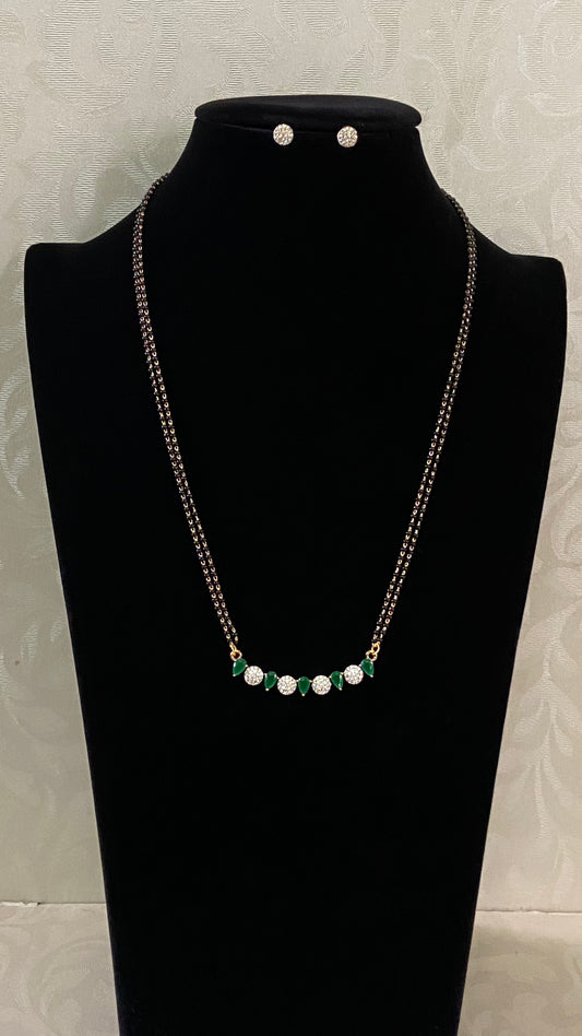 AD Green Pendant BlackBeads Necklace With Studs | Traditional Mangalasutra