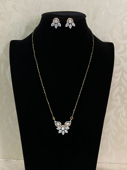 AD Rhodium & Gold Pendant Black Beads |  Traditional Mangalasutra