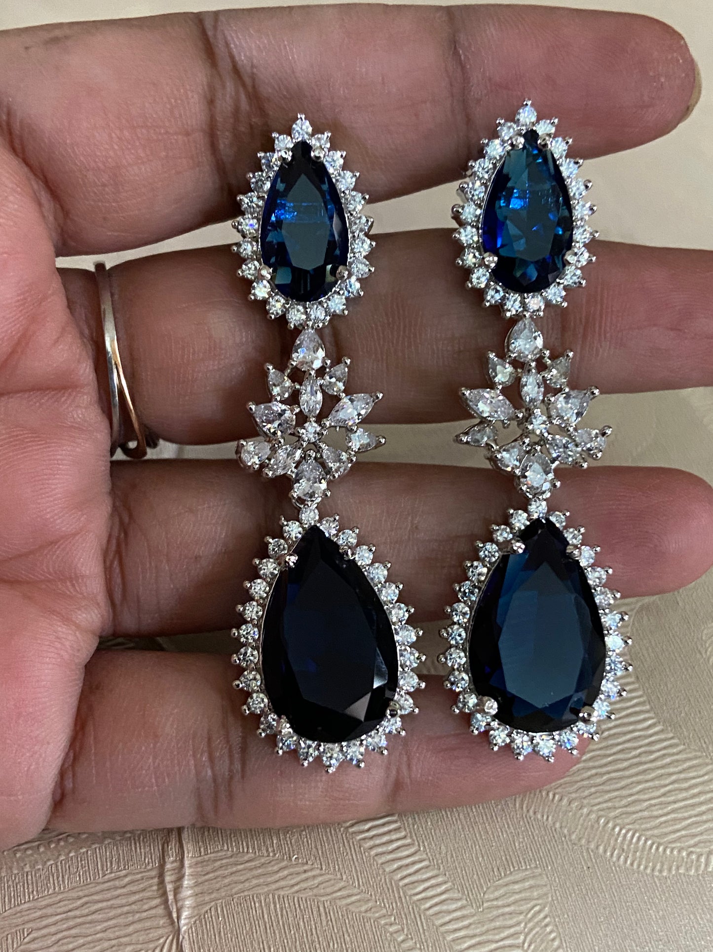 AD Rhodium Earrings | Blue Sapphire Drops Earrings