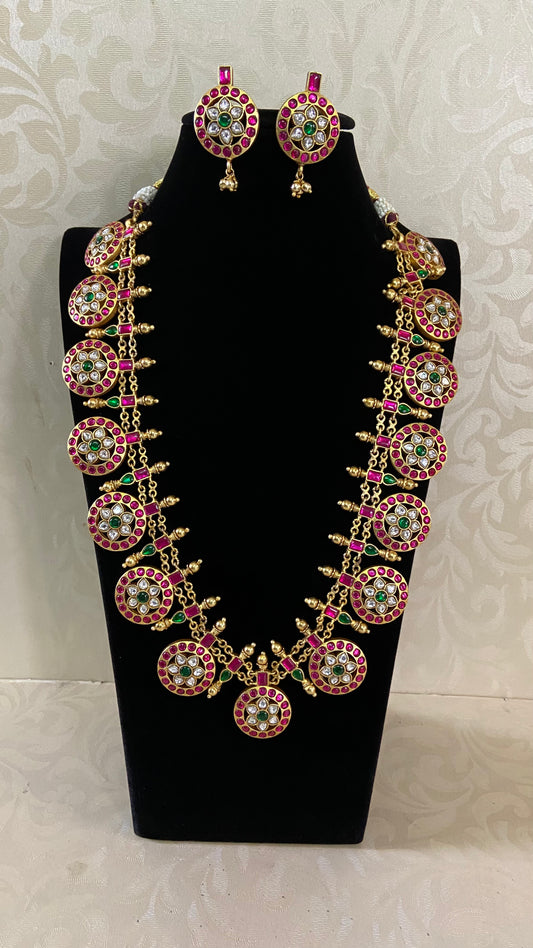 Long Jadau Kundan Bottu Mala Necklace Set | Traditional Vaddanam | Multi Purpose Necklace